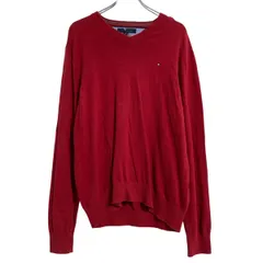TOMMY HILFIGER コットン ニット セーター L レッド トミーヒルフィガー Vネック 古着卸 アメリカ仕入 a609-6183