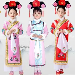 中華服ワンピース子供チャイナドレス民族衣装 女子 漢服かわいい 舞台服装 cosplay 髪飾り 清朝 王女 服 宮殿マフラー ハンカチ 中華コスプ