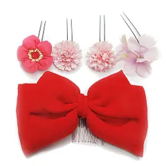 髪飾り リボン 卒業式 袴 成人式 赤 振袖 前撮り 花 豪華5点セット ピンク ヘアアクセ かんざし ヘッドドレス 結婚式 入園式 No.9-4807