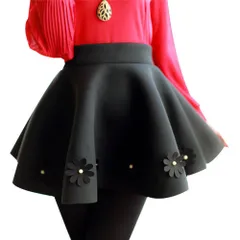 フレアスカート　ブラック　花付き　黒　パール付き　Aライン　プリーツ　キッズ