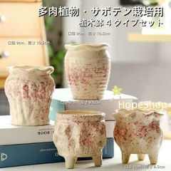陶磁器製 ベージュ地に赤色斑点を配したデザイン 多肉植物・サボテン栽培用植木鉢 4 タイプセット