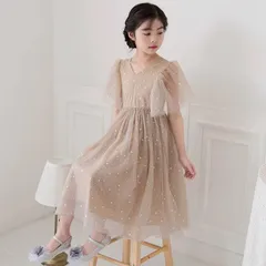 ドレス 子供 シャンパン色 発表会 ピアノ フォーマル キッズ ふわふわ チュールワンピース 子供ドレス ふんわり感 星柄 半袖 ロングワンピース 女の子 フレアワンピース キラキラ 膝丈 ジュニア 結婚式 プリンセス 2色からお選び