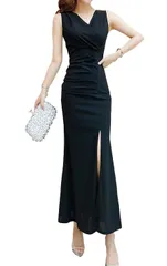 [ALL DAY Shining] ロングドレス ワンピース スリット入り シンプル カジュアル マキシ丈 フリル パーティー リゾート タイト Vネック ノースリーブ タイトドレス ロング スリットワンピース きれいめ マーメイド ドレ [ブラック] [L]