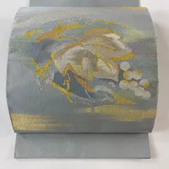 名古屋帯 優品 八寸名古屋帯 葡萄 霞 金銀糸 青灰色 正絹 【中古】