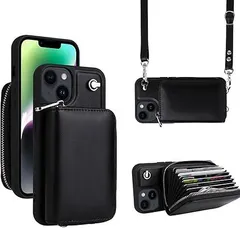 いphone14 ケース ショルダー, 財布型 iphone14 ケース ショルダー付き 大容量 カード収納, 長さ調整可能 肩掛け 斜めかけ, アイフォン14 ケース 背面収納 ストラップ 手帳型, ストラップ付き (黒, 14)