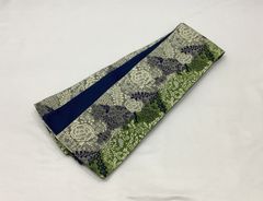 半幅帯/美品/紺×白×カーキ×グレー/花×兎×鳥×植物/着物/女物/未仕立て【ゆずりは】　9961