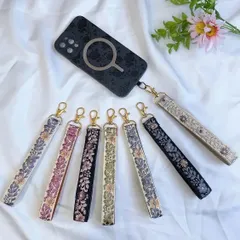 【No.1】スマホ ハンド ストラップ/キーホルダー  インド刺繍リボン 合皮