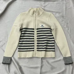 BURBERRY LONDON バーバリー　ロンドン　レディース　ニット　ジャケット　フルジップ　M  アイボリー　ボーダー　グレーのサムネイル
