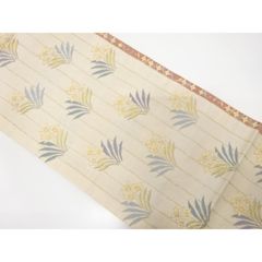 【Aランク美品】正絹袋帯　縞に草花模様　柔らかな生成り地に優雅な花束柄　全通柄のサムネイル