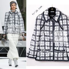 シャネル ジャケット CHANEL ホワイト 白 グレー スパンコール ココCC ドーム ボタン ランウェイ登場 カール・ラガーフェルド 貴重レア限定モデル 超美品 40