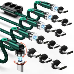 【特価商品】マグネット 充電ケーブル 【5本セット/0.5+1Mx2+2M+3M＆12コネクタ】 LEDライト内蔵 USBケーブル 3in1 充電器 マグネット 540°回転可能 急速充電 防塵 USBC Micro USB Phone 全機種/PlaySta