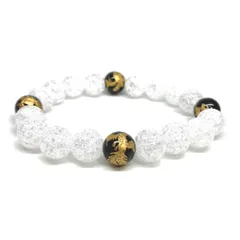 10mm 四神獣金彫オニキス×クラック水晶 パワーストーン ブレスレット天然石 運気上昇 開運 金運 恋愛運 お守り 青龍 白虎 玄武 朱雀 メンズ・レディース 男性・女性 数珠ブレス 開運 ■