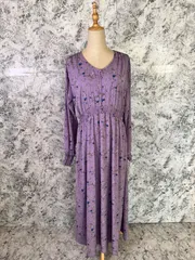 美品　VINTAGE　ヴィンテージ　ビンテージ　LILAC A DAY　ロングワンピース　カットソーワンピース　フレアスカート　長袖　総柄　フラワー　花柄　丸襟　薄手　裏地有　春　夏　秋【size 1】　パープル　紫　ブルー　青　ホワイト　白　グリーン　緑