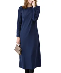 [Four leaf] 【おしゃれ×リラックス】 ワンピース レディース 春 秋 長袖 シャツワンピース tシャツワンピース 膝丈 ミモレ丈ワンピース 膝下丈 ミモレ丈 ロング ロング丈 無地 秋冬 (JP, アルファベット, XL,  [ネイビー] [XL]