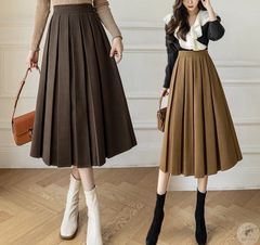 プリーツスカート マキシスカート 秋冬 レディース Aライン フレアスカート ラシャスカート 無地 ボトムス ウエストゴム 体型カバー おしゃれ 上品 大人\n min#