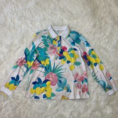 レオナール スポーツ ポロシャツ 長袖シャツ 花柄 ボタニカル 鳥 果物 白 XLサイズ相当 ★お値段交渉を受け付けます。