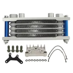 (青) オートバイエンジンオイルクーラー、17PCSオートバイオイルクーラーラジエーターセット、モンキー125cc140cc用4列エンジンオイル冷却キット、ダートバイクオイルクーラー冷却エンジンラジエーターキット