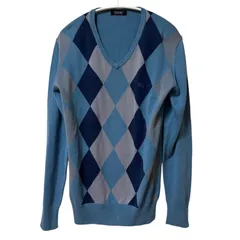 RE230 BURBERRY BLACK LABEL バーバリーブラックレーベル ニット Vネック ブルー アーガイル柄 メンズ 2サイズ