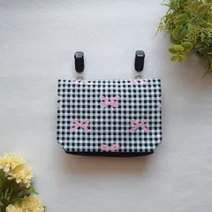 【黒ギンガム×ピンクリボン】甘さひかえめガーリーな移動ポケット＊クリップ付き　園児　小学生　女の子　ポケットポーチ