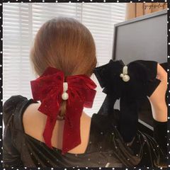 ビッグリボンバレッタ韓国ヘアアクセサリーキラキラベロア 大きめリボン 髪飾り 大人可愛いファッション小物 フェイクパール付き おしゃれ 髪留め 流行りボリュームヘアアレンジグッズ まとめ髪 バレッタ 髪飾りハーフアップ