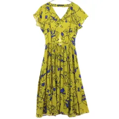 ZARA BASIC ザラベーシック 植物柄 半袖 ロングワンピース M ブラウン系 レディース 古着