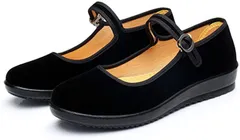 RONGUI パンプス フラットシューズ シンプルヒールなし オフィス レディース ベルト付き 23.5cm( ブラック,  23.5 cm)