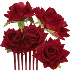 【在庫セール】Uピン コームヘアピン ヘアピン 花嫁 髪飾り バラ 花 薔薇 ウェディングヘッドドレス 花飾り ヘアコーム かんざし Lurrose 前髪クリップ ヘアアクセサリー ブライダル 結婚式 和装 パーティー 4個セット (赤色)