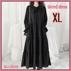 ロングワンピース ティアードワンピース フリル  ボウタイ ワンピース / XL