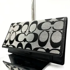 ✨極美品✨ COACH コーチ 長財布 二つ折り シグネチャー 総柄 ロゴ型押し ウォレット 定期入れ カードケース キャンバス レザー レディース グレー 灰色 ブラック 黒色