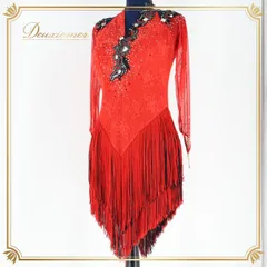 【日本製 社交ダンス衣装】レッド Lovely Dancing ラテン ワンピース ドレス 赤 ラメ 花柄 ダンス デモ 競技用 フリンジ 社交ダンス 衣装 ワンピース サイズ9号 豪華 煌びやか