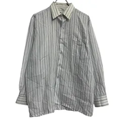 zhang's 長袖 ストライプシャツ M 程 ホワイト ブルー ブラック ボタン 胸ポケット ワンポイント 刺繍 古着卸 アメリカ仕入 a701-5510