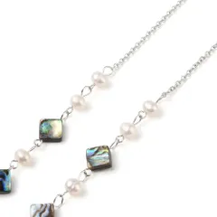 眼鏡チェーン, マスクチェーン,眼鏡用ネックストラップ, ステンレス鋼アズキチェーン付き, アバロンシェルビーズ, 淡水パールビーズ, ステンレス鋼カニカンとラバーループエンド, 菱形, ステンレス鋼色, 長さ74cm