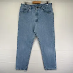 古着 リー Lee デニムパンツ レザーパッチ テーパード ワーク 5ポケット ジーンズ ジーパン 色落ち ヒゲ w38 L32  ブルー メンズ