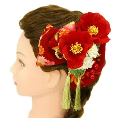 髪飾り リボン 卒業式 袴 成人式 赤 振袖 前撮り 花 2点セット 芙蓉 椿 南天 白 ゴールド 房 房付き 組紐 和柄 かんざし おし No.9-2925