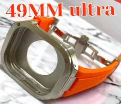 オレンジ×フルシルバーケース★49mm apple watch ultraアップルウォッチラバーメタルカバーセット　ウルトラ　49ミリ用　カスタム
