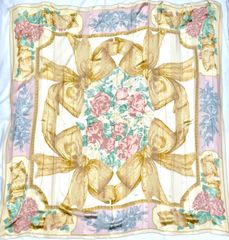 イタリア製 Christian Dior スカーフ 大判 131×131cm シルク 花柄 リボン クリスチャン ディオール ハンカチ ストール ショール ファブリックオールドディオール OLD ヴィンテージ アンティーク MADE IN ITALY