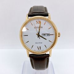 CITIZEN エコドライブ 腕時計 デイデイト E101-S107270 白文字盤 ゴールドケース 革ベルト