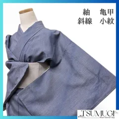 未着用　小紋　紬　斜線　亀甲模様　くすみブルー　着物　084a p