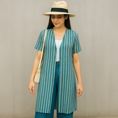 【夏の羽織に迷ったらこれ✨】AZUL by moussy ／アズールバイマウジー／ストライプロングガウン／半袖ロングカーディガン／リネン混／Sサイズ✨
