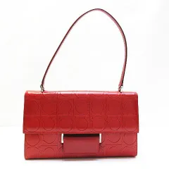 ※● Salvatore Ferragamo サルバトーレ・フェラガモ ガンチーニ 型押し ハンドバッグ トートバッグ 肩掛け可能 レザー×スエード 総柄 レッド×シルバー金具 鞄 レディース E263B ★3986