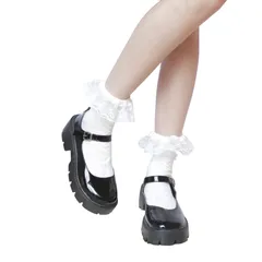 【特価商品】[SHUCLASS] 白のソックス コットン生地 lolita 靴下 入学式/お茶会/jk風/制服用/cosplay 大人可愛い 萌え美少女 ちょう結びリボン レースフリル ホワイトショートソックス 無地