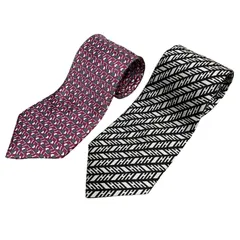 【鑑定品】HERMES  2本セット ネクタイ MADE IN FRANCE エルメス H柄＆ダチョウ柄 シルク100％ 綺麗な状態です。