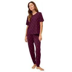 【送料無料】 Ellos レディース ナイトウェア アンダーウェア ellos Plus Size Short Sleeve Tee & Jogger 2-Piece Sleep Set Midnight Berry Dot