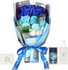 Moluppy ソープフラワー 花束 バラ 青 紙袋付 グラデーション ギフト プレゼント 女性 人気 敬老の日 誕生日 お祝い 記念日 発表会 男性 母親 感謝 フラワーギフト(グラデーションブルー,  ‎)