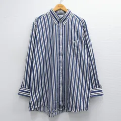 XL/古着 長袖 シャツ メンズ 90s 大きいサイズ ロング丈 ボタンダウン 紺他 ネイビー ストライプ 25may12 中古 トップス