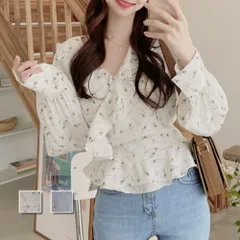 Vネック花柄ブラウス レディース トップス 長袖 春服 秋 10代 20代 30代 フェミニン 大人女子 フリル ハイウエスト セクシー オフィスカジュアル