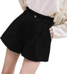 ショートパンツ ハイウエスト シンプル カジュアル フランネル 調 キレイめ Aライン シルエット 美脚 足長 効果 ブラック 無地 3カラー パンツ ショーパン ボトムス ホットパンツ キュロット 黒 色 かわいい カワイイ 可愛い  [ブラック] [XL]