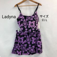 [Slightly flawed][Unused] Ladyna Women's 3-Piece Swimsuit Set, Purple x Black, Hibiscus Pattern, Size 11L, Bust 86cm, Hips 92-100cm