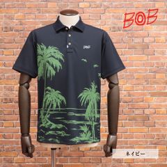 春夏/BOB/Lサイズ/半袖ポロシャツ 074843008 日本製 吸水速乾 UVカット ピンメッシュ パームツリー柄 プリント ゴルフ メンズ ボブ 新品/紺/ネイビー/ka156a/
