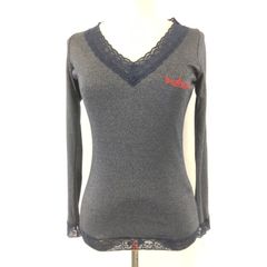美品/日本製★HYSTERICS【ヒステリックス】長袖Ｔシャツ/Vネック【レディースFREE/S-M程度/紺/navy】カットソー/ロンT/レース/Tops/Shirts◆BJ007-a